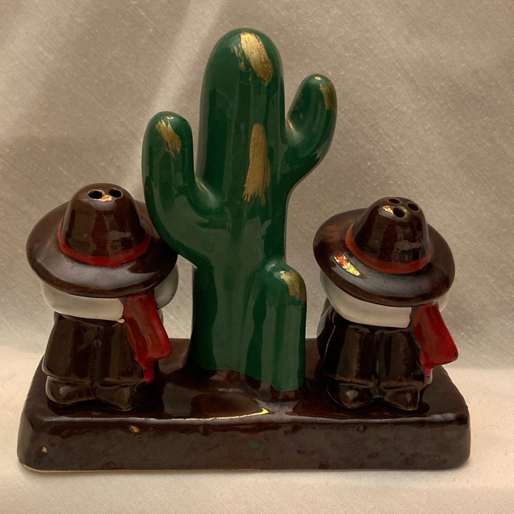 Vintage Sleeping Sombrero  Salt and Pepper Shakers on a Cactus Stand